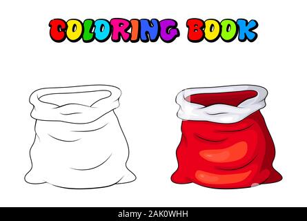 Red sack santa claus empty bag coloring book,pages. Cartoon illustration isolated on white background. Happy new year decoration. Merry christmas holi Stock Vector