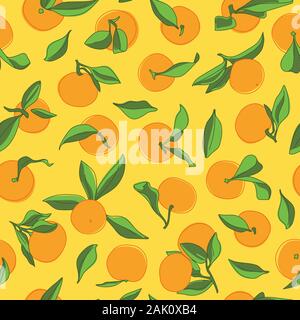 Tangerine Colorful Vector Drawing Seamless Pattern on Yellow Background. Mandarin Design Wallpaper Stock Vector