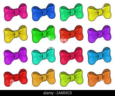 Decorative gift ribbon and bow isolated on white background. pink, blue, green, yellow, red, orange, purple, holiday decoration.Big Vector set of deco Stock Vector