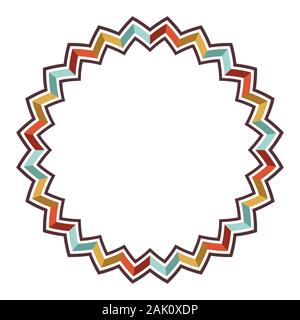 Orange, yellow, turquoise and brown colored vector pattern consisting of circular sharp lines. Round symmetrical pattern isolated on white background. Stock Vector