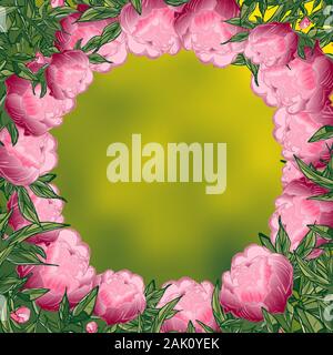 Hand drawn floral frame of peonies. Peony floral frame in flat style on a green background. Stock Vector