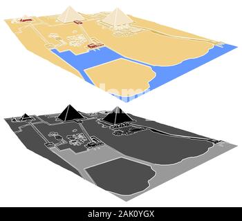 Giza Necropolis in perspective view without outline. Stock Vector