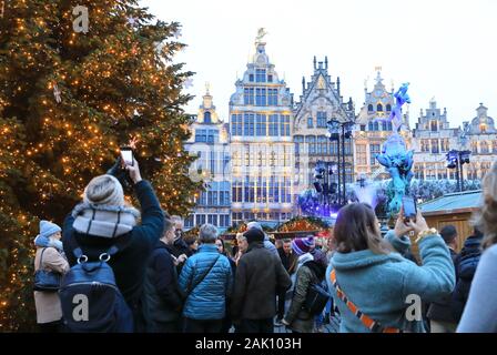 The Christmas market on the pretty Grote Markt in historic Antwerp in Belgium, north Europe Stock Photo