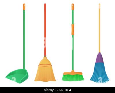 Cartoon plastic and wood broom and scoop set. Housework, cleaning services, household,concept. Tools for cleaning element isolated white background Stock Vector