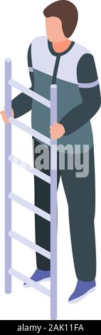 Electrician on ladder icon, isometric style Stock Vector