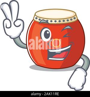 Smiley mascot of chinese drum cartoon Character with two fingers Stock Vector