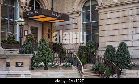 LONDON, UK - DECEMBER 29, 2018:  Entrance to Roux at the Landau Restaurant in the Langham Hotel at Langham Place in Marylebone Stock Photo