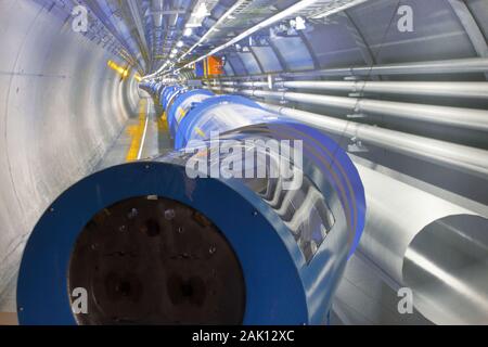 Section of the LHC accellerometer sites at Cern in Geneve. This mechanical instrumentation is a ring long 27kilometers! Stock Photo