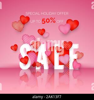 Valentines day Sale. Poster with holiday discount offer. February store promo. Valentine Day banner with red and pink hearts. Vector Stock Vector