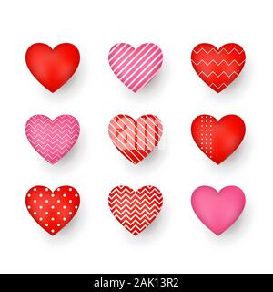 Set of red and pink decorative Hearts with shadow. Abstract decoration element. Stylized Hearts collection for greeting card or other templates. Vecto Stock Vector