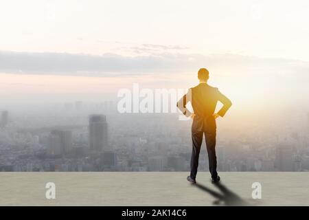 business man look way to growth path to the target goal with business wire frame including 5g, machine ,deep learning, digital twin, artificial intell Stock Photo