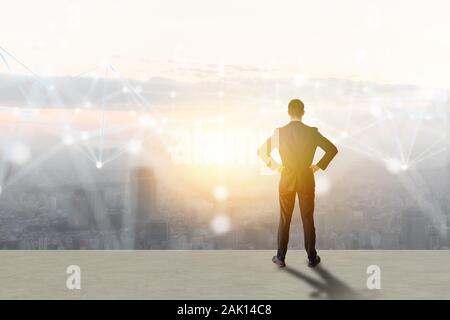 business man look way to growth path to the target goal with business wire frame including 5g, machine ,deep learning, digital twin, artificial intell Stock Photo