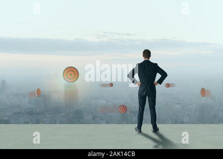 business man look way to growth path to the target goal with business wire frame including 5g, machine ,deep learning, digital twin, artificial intell Stock Photo