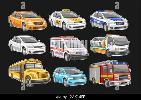 Vector set of Cars, 9 illustration of cut out city vehicles on black background, white taxicab, police car, ambulance van with red lights, municipal t Stock Vector