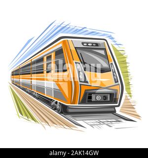Vector logo for Train in motion, decorative sign with illustration of high speed modern train rushing by railway on abstract background. Stock Vector
