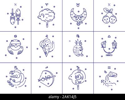 Set of Zodiac signs, stars, constellations blue color on a white background. Logo, tattoo or illustration. Astrological forecast, horoscope for a sing Stock Vector