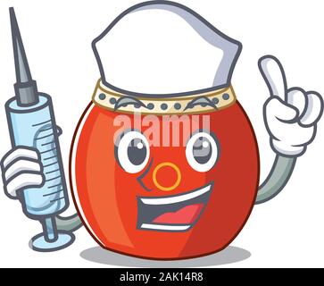 Smiley Nurse chinese drum cartoon character with a syringe Stock Vector