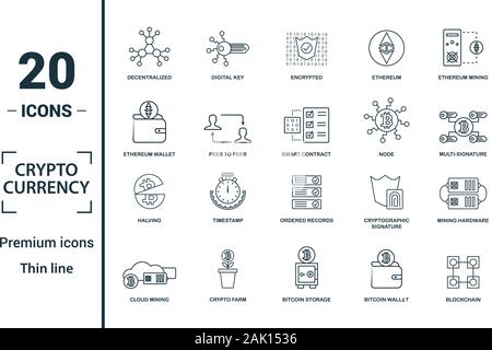 Crypto Currency icon set. Include creative elements decentralized, encrypted, ethereum wallet, node, halving icons. Can be used for report Stock Vector