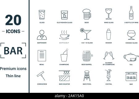 Bar - Restorant icon set. Include creative elements glass, beer, bartender, shaker, menu icons. Can be used for report, presentation, diagram, web Stock Vector