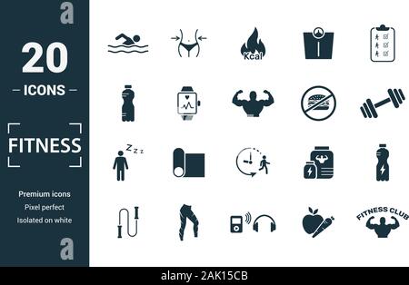 Fitness icon set. Include creative elements pool swimming, calories burn, water, junk food, recovery icons. Can be used for report, presentation Stock Vector