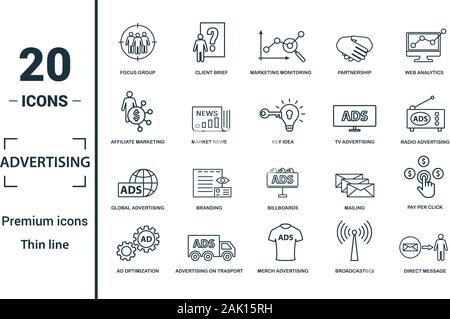 Advertising icon set. Include creative elements focus group, marketing monitoring, affiliate marketing, tv , global advertising icons. Can be used for Stock Vector