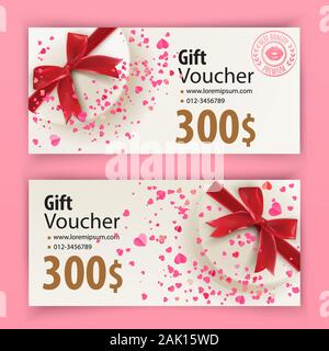 Voucher template with white gift, paper small hearts and red bow. Value 300 dollars for department stores, business. Lip print in stamp Stock Vector