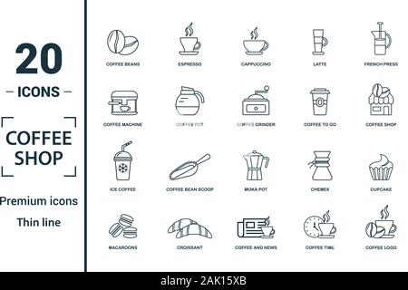 Coffe Shop icon set. Include creative elements coffee beans, cappuccino, coffee machine, coffee to go, ice coffee icons. Can be used for report Stock Vector