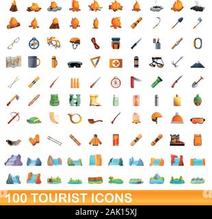 100 tourist icons set. Cartoon illustration of 100 tourist icons vector set isolated on white background Stock Vector