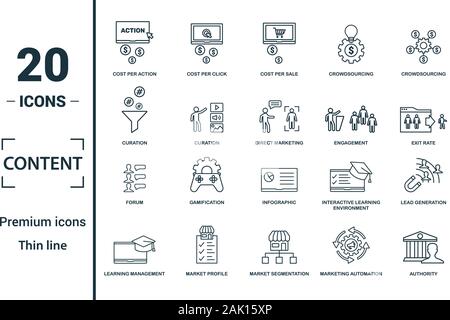 Content icon set. Include creative elements cost per click, crowdsourcing, curation, exit rate, gamification icons. Can be used for report Stock Vector
