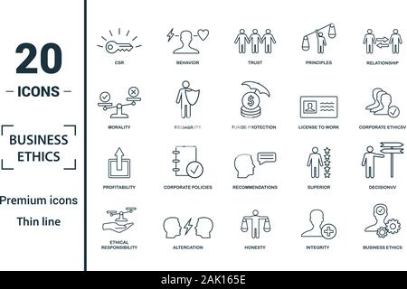 Business Ethics icon set. Include creative elements csr, trust, morality, license to work, profitability icons. Can be used for report, presentation Stock Vector