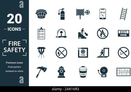 Fire Safety icon set. Include creative elements smoke detector, fire hose, report, no fire, fire sprinkler icons. Can be used for report, presentation Stock Vector