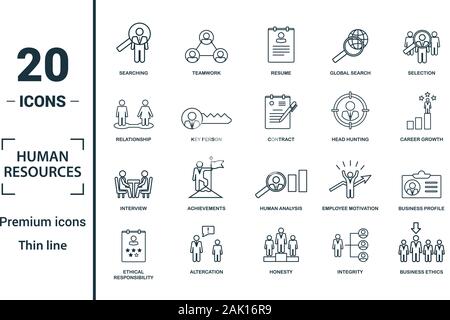 Human Resources icon set. Include creative elements searching, resume, relationship, head hunting, interview icons. Can be used for report Stock Vector