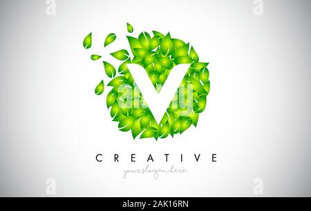 V Green Leaf Logo Design Eco Logo With Multiple Leafs Blowing in the Wind. Icon Vector Illustration. Stock Vector