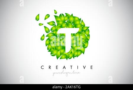 T Green Leaf Logo Design Eco Logo With Multiple Leafs Blowing in the Wind. Icon Vector Illustration. Stock Vector