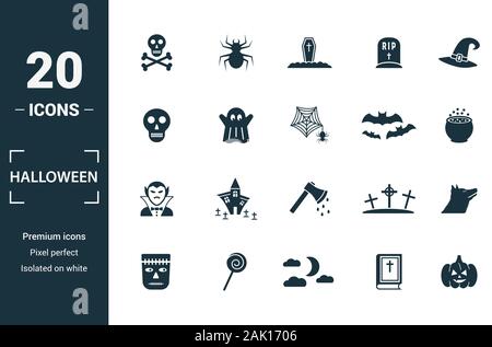 Halloween icon set. Include creative elements skeleton, coffin, skull, bats, vampire icons. Can be used for report, presentation, diagram, web design Stock Vector
