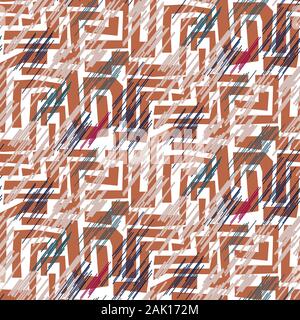 Stroked mosaic maze shapes abstract seamless pattern. Terracotta color repeat background for wrap, textile and print design. Stock Vector