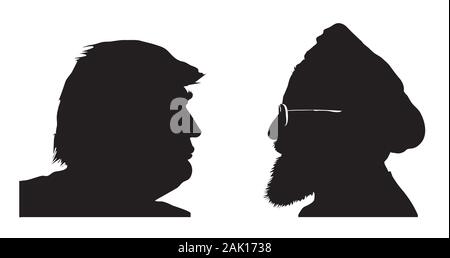 Donald Trump vs. Hassan Rouhani. Silhouettes of leaders of the United States and Iran. Illustrative for US-Iran tensions. Stock Photo