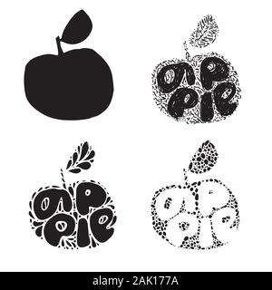 Apple silhouette. Fresh fruit Typography Vector Illustration, Handdrawn lettering. Hand drawn font on Healthy fruity harvest apple silhouette with Stock Vector