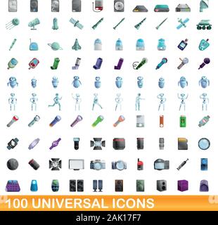 100 universal icons set. Cartoon illustration of 100 universal icons vector set isolated on white background Stock Vector