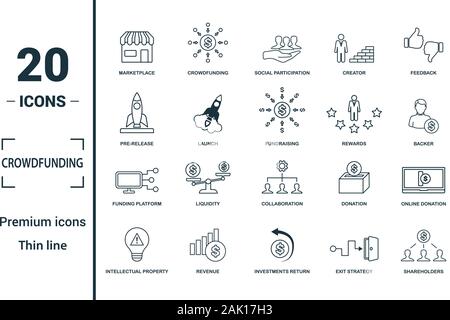 Crowdfunding icon set. Include creative elements marketplace, social participation, pre-release, rewards, funding platform icons. Can be used for Stock Vector