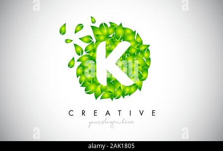 K Green Leaf Logo Design Eco Logo With Multiple Leafs Blowing in the Wind. Icon Vector Illustration. Stock Vector