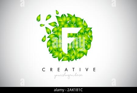 F Green Leaf Logo Design Eco Logo With Multiple Leafs Blowing in the Wind. Icon Vector Illustration. Stock Vector