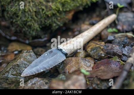 flint knife - stone age tool (leaf blade in deer antler) in nature Stock Photo