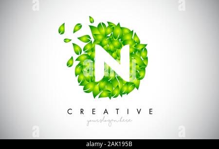 N Green Leaf Logo Design Eco Logo With Multiple Leafs Blowing in the Wind. Icon Vector Illustration. Stock Vector