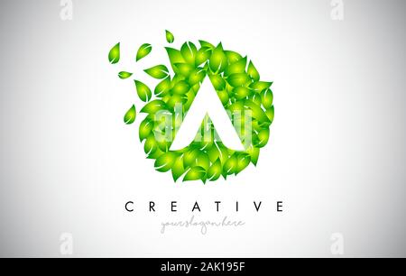 A Green Leaf Logo Design Eco Logo With Multiple Leafs Blowing in the Wind. Icon Vector Illustration. Stock Vector