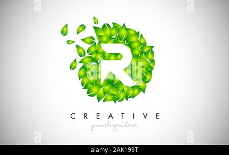 R Green Leaf Logo Design Eco Logo With Multiple Leafs Blowing in the Wind. Icon Vector Illustration. Stock Vector