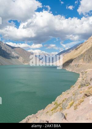 Mountains and peaks landscape. Lake of Yeso. Cajon del Maipo. Santiago of Chile Stock Photo