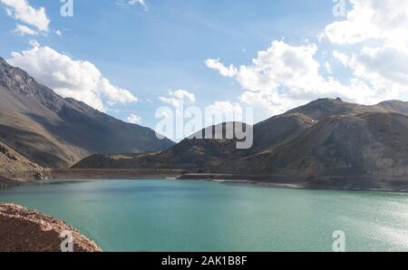 Mountains and peaks landscape. Lake of Yeso. Cajon del Maipo. Santiago of Chile Stock Photo