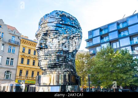 Prague, Czech Republic - October 26, 2019: The Head of Franz Kafka, also known as the Statue of Kafka. Outdoor sculpture by artist David Cerny, situat Stock Photo