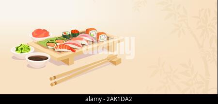 Vector of a set of sushi on wooden tray. Asian food concept Stock Vector
